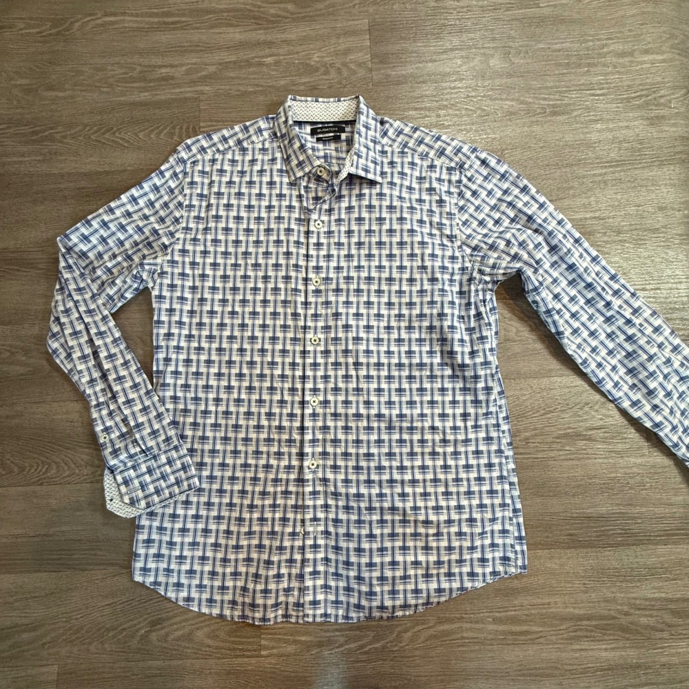 Bugatchi Uomo Mens Blue White Plaid Shaped Fit Button Down Shirt NBS338L2S L